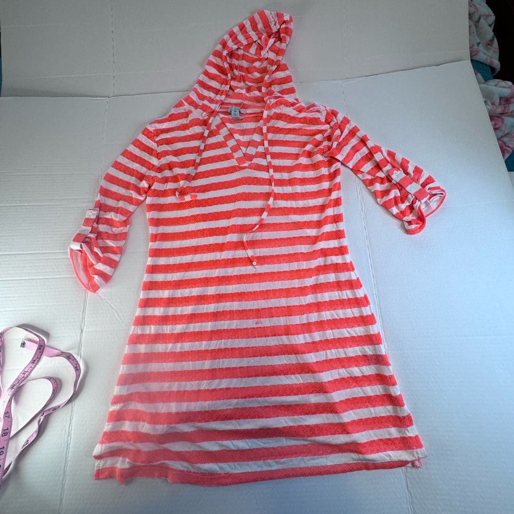 Balance Cover-Up Collection Neon Coral Stripe Hooded Swim Cover Up Tunic Medium - Picture 5 of 12